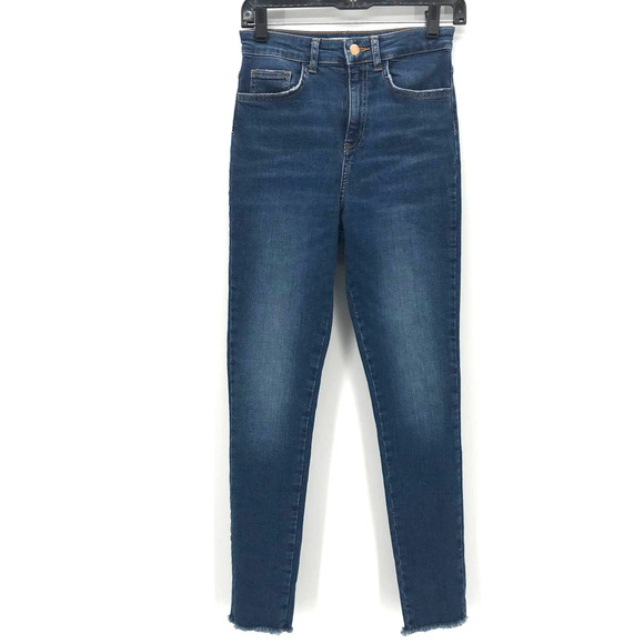 Zara High Rise Jean Sz 4 Blue Skinny Raw Hem Blue